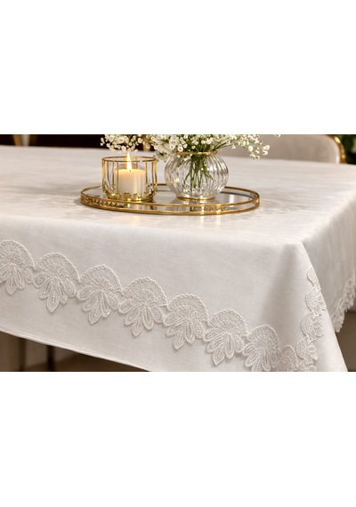 Goldroom Home Fransız Dantelli Linen Kumaştan 160 220 Lüks Masa Örtüsü Krem