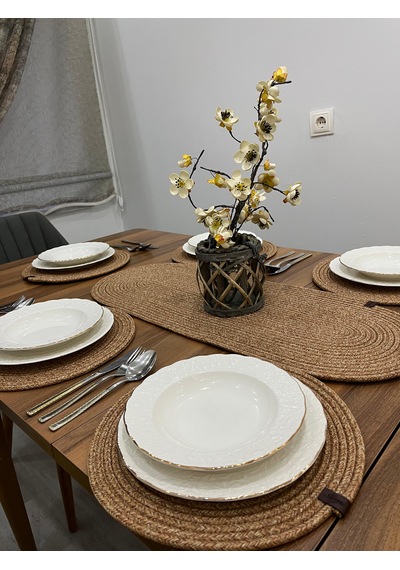 Senza Atelier Lüks 8 Parça Jüt Masa Sunum Seti Oval Runner, 6 Lı Supla Ve Sunum Sepeti Takımı Hasır