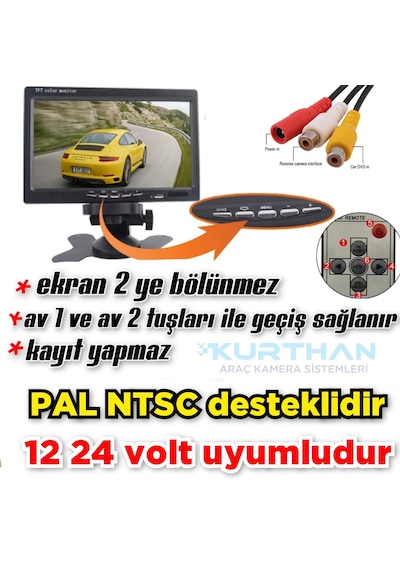 Pal Ntsc 7'' Araç Ekran Kayıt Yapmaz Usb Aux Girişi Yoktur 12 24v