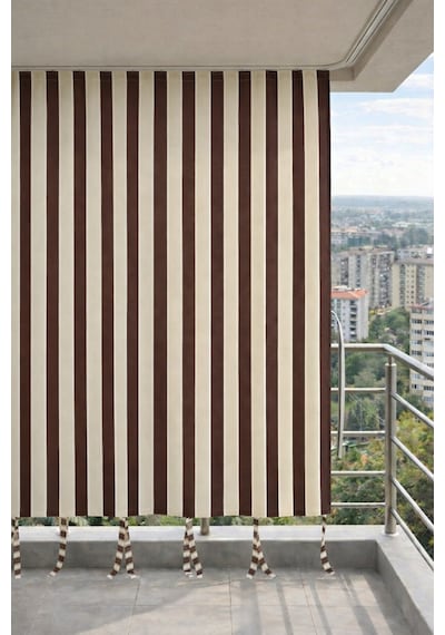 Kahve-krem Balkon Perdesi Kornişli Bağcıklı Su Geçirmez Dış Mekan Dayanıklı Modern Balkon Brandası Kahverengi-krem