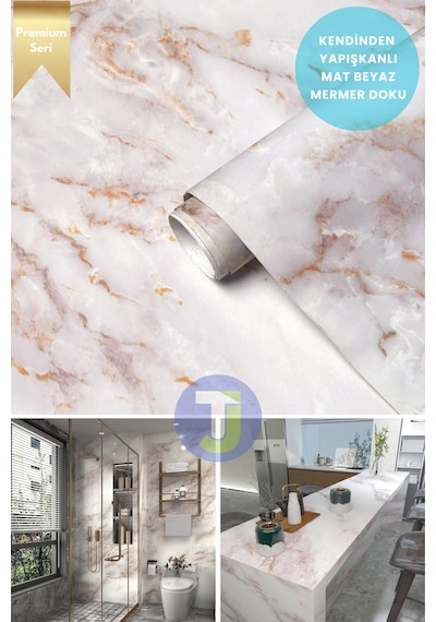 Technojet Kendinden Yapışkanlı Mermer Desen Folyo Mutfak Banyo Tezgah Duvar Kaplama 60cmx100cm Beyaz2