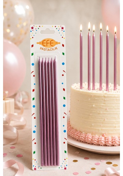 Metalik Rose Gold Pembe Uzun Pasta Mumu 20 Cm Çok Renkli