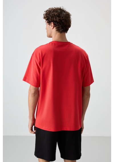 Air Jones Tommy Life Fiesta Pamuklu Kalın Yüzeyi Dokulu Oversize Fit Baskılı Erkek T-shirt - 88364 Kirmizi