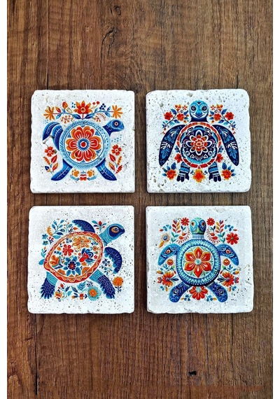 Doğal Taş Bardak Altlığı 4'lü Set 10x10x1 Cm Renkli Kaplumbağa Desenleri-stone Coasters Çok Renkli