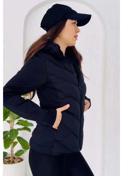 Prifaldi Kadın Softshell Kollu Kapüşonlu Çift Cepli Termal Şişme Mont Siyah
