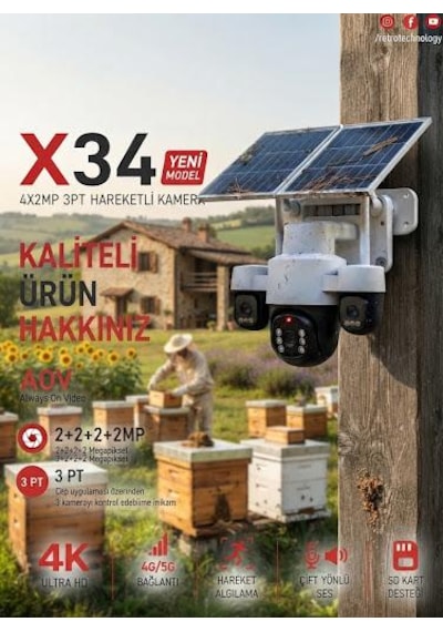 X34 6 Motorlu 4 Kameralı 4g Solar Kamera