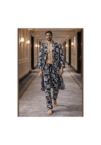 Qmen Style Erkek Kimono Takımı 3 Lü Bambu Set Bornoz + Pantolon + Şort Lacivert
