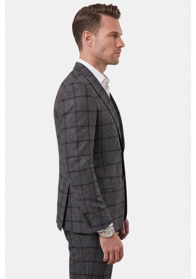 Deepsea Antrasit Kare Desenli Slim Fit Erkek Takım Elbise Çift Düğme Çift Yırtmaç 2 Li Takım 2601812