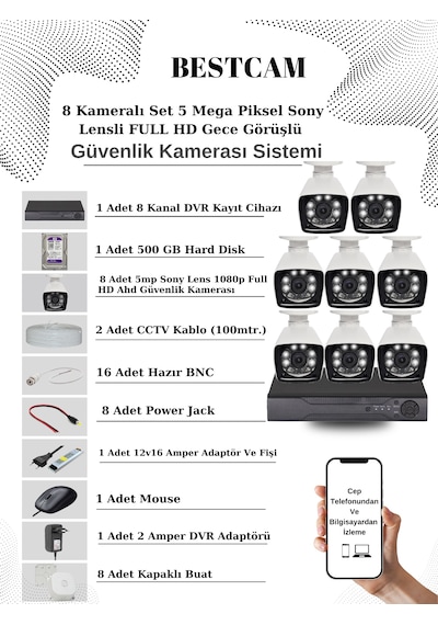 8 Kameralı Set 5 Mp Sony Lensli Full Hd Kamera Seti 500 Gb Hdd