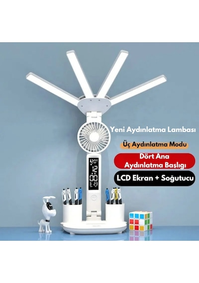 Techtic 8in1 Fanlı Masa Lambası 4 Başlı Lamba Saat Takvim Derece