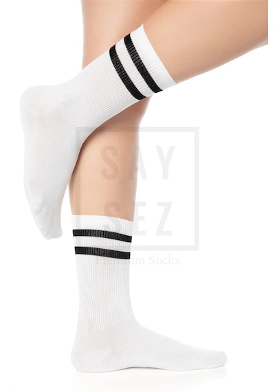 Saysez Bambu Unisex Tenis Kolej Çizgili Beyaz Dikişsiz Soket Çorap 3'lü
