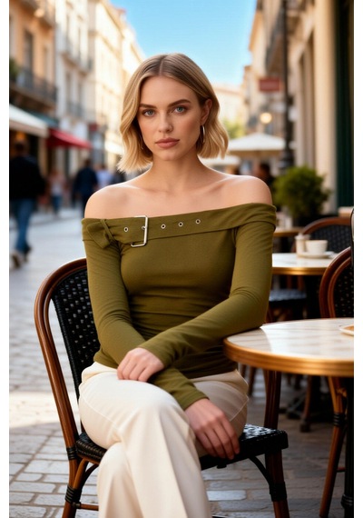 Benerly Kadın Bluz Carmen Yaka Uzun Kol Fitted Ribana Örme Kemer Aksesuar haki