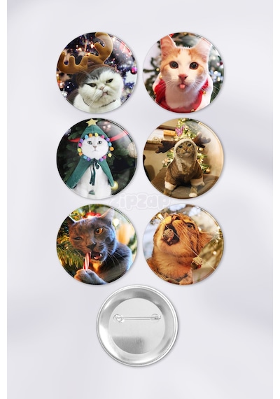 Kedi Yılbaşı Yeni Yıl Çanta Süsü İğneli Buton Rozet Seti 6 Adet Altılı