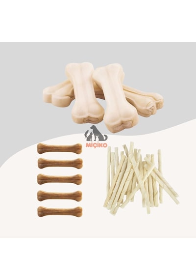 Köpekler İçin Ödül Seti10 5li 7cm Beyaz Ve 5li 7cm Naturel Kemik+25li Burgu Çubuk