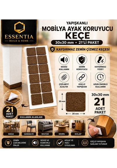 Yapışkanlı Mobilya Ayak Koruyucu Keçe 30x30 Mm 21'li Paket Kaydırmaz Zemin Çizmez Keçesi Kahverengi
