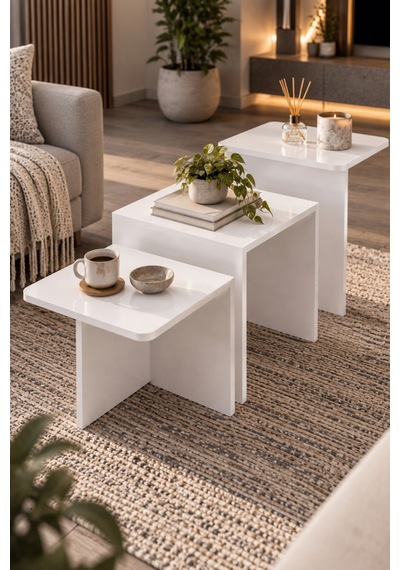 Sulorahome 3'lü Modern Beyaz Zigon Sehpa Seti