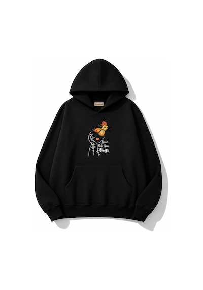 Herkesemoda Portre Ve Kelebek Baskılı Kapüşonlu 2 İplik Şardonlu Sweatshirt Siyah