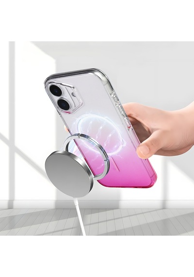 Apple iPhone Uyumlu 17 Kılıf Renk Geçişli Magsafe Şeffaf Kamera Yükseltili Silikon Pazarplus Pembe