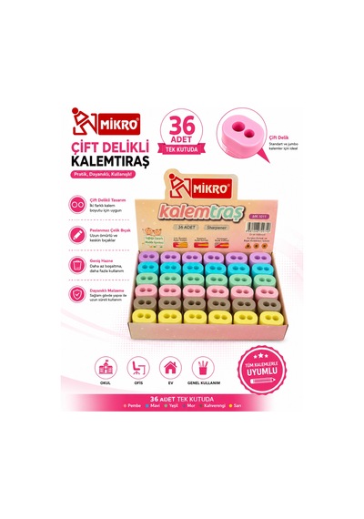 Mikro Çift Delikli Kalemtıraş 36 Adet Tek Kutu Hazneli Standart Ve Jumbo Kalem Uyumlu Mk-1011