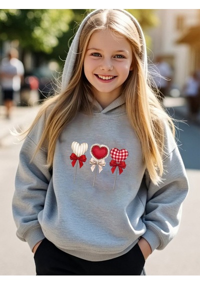 Uyguntarz Lolipop Desenli Kalp Baskılı Oversize Çocuk Sweatshirt Gri