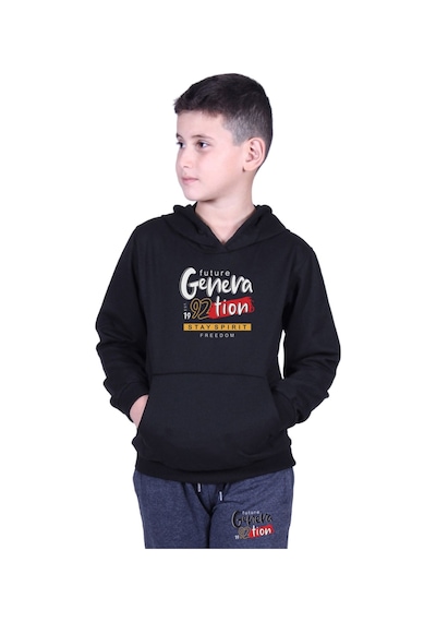 Fyk Kids Kapüşonlu Kanguru Cepli Generation Yazı Baskılı Erkek Çocuk Eşofman Takımı Siyah - Füme