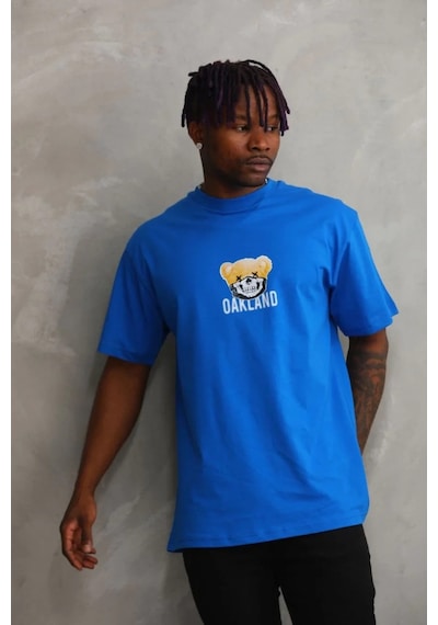 Erkek Baskılı T-shirt Kısa Kol Bisiklet Yaka Rahat Kalıp Tişört - Mavi Mavi