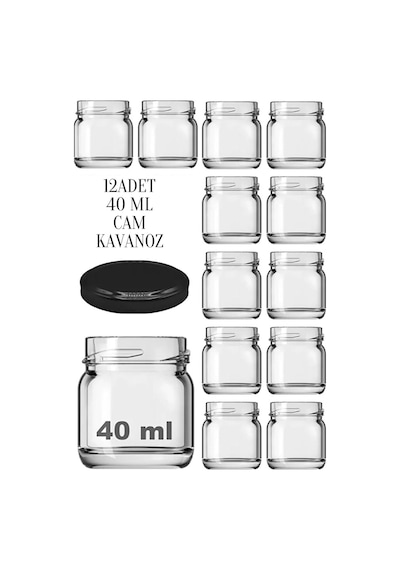12 Adet 40 Ml Siyah Metal Kapaklı Şeffaf Numune Mama Ek Gıda Şekerleme Reçellik Küçük Cam Kavan