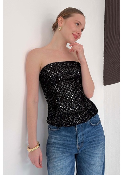 Verymoda Arkadan Fermuarlı Straplez Payet Bluz F2056 Siyah