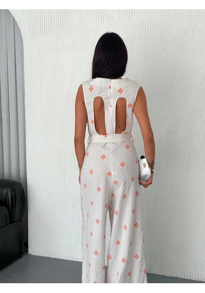 Sırt Dekolteli Keten Beyaz Tulum S1036 Beyaz