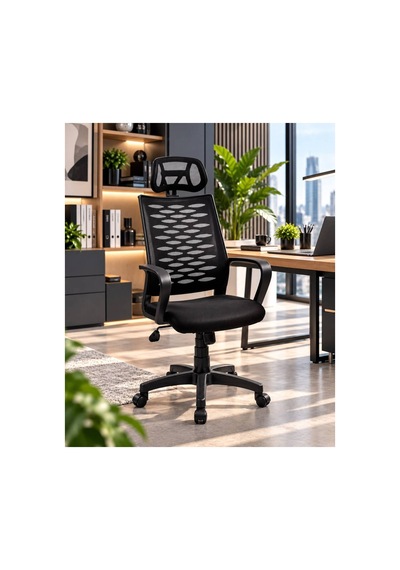 Milano Ergonomik Fileli Ofis Koltuğu, Bel Destekli, Kollu, Döner Tekerlekli Bilgisayar Ve Çalışma Sa Siyah