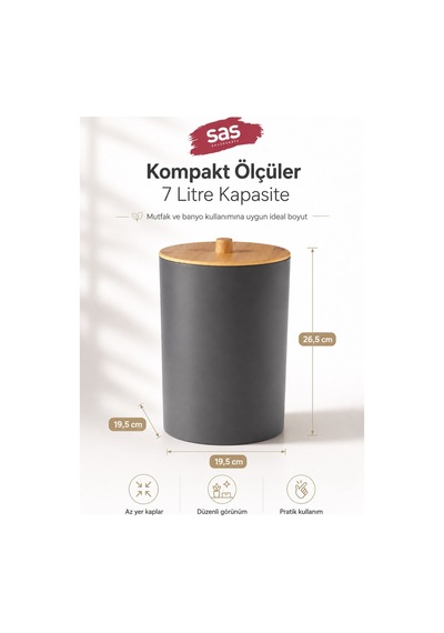 Sas Haus Bambu Desen Kapaklı Plastik Çöp Kovası 7 Litre Antrasit Mutfak Banyo Çöp Kovası Antrasit Gri