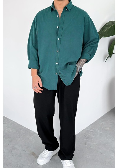 Koyu Yeşil Oversize Fresh Keten Gömlek Koyu Yeşil