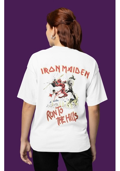 Sevbano Iron Maiden Run To The Hills Sırt Baskılı Unisex Oversize Rock Me Beyaz