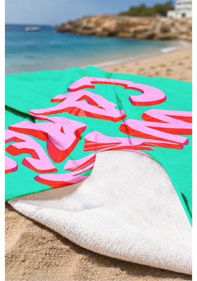 Who Cares Yazılı Modern Typografi Plaj Havlusu - Yeşil Pembe Pop Art Hızlı Kuruyan Mikrofiber Havlu Köpük Ada