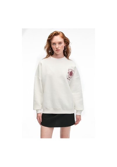 Grımelange AUDRA Kadın Oversize Yuvarlak Yaka Nakış Detaylı Beyaz Sweatshirt