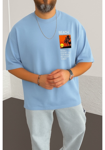 Beach Baskılı Oversize Unisex Tişört Bebe Mavi