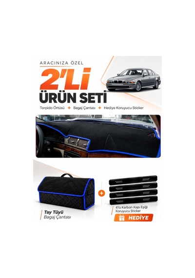 Bmw E39 1995-2003 Uyumlu Torpido Örtüsü + Tay Tüyü Bagaj Çantası + Sticker Seti - Siyah Mavi