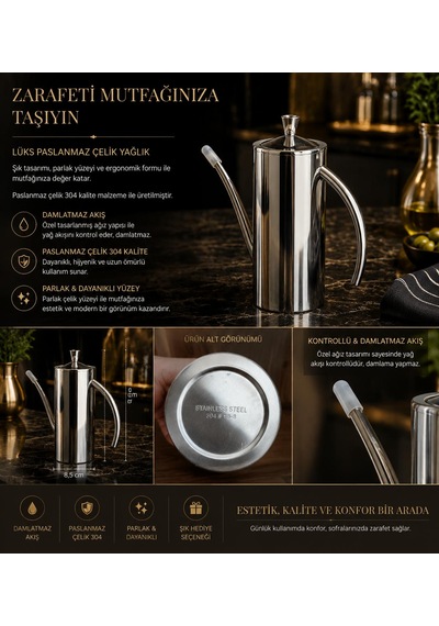 304 Lüks Paslanmaz Çelik Yağdanlık-demlik 700 Ml ,ateşe Uygun & Şık Sofra & Mutfak Kullanımı Çelik 2 Li