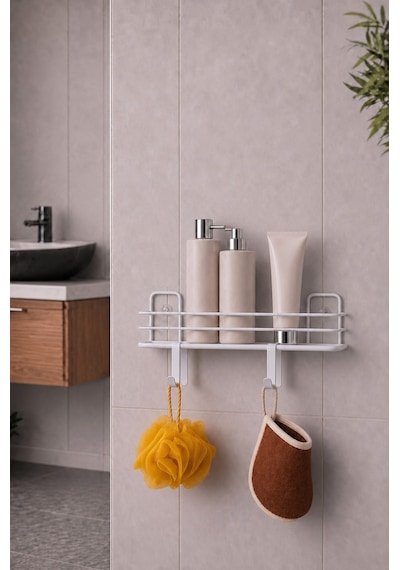 Sas Haus Banyo Düzenleyici Set 4 Parça Yapışkanlı Şampuanlık Tuvalet Kağıtlığı Havluluk Askı Tss-01 Beyaz