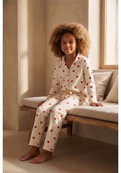 Katia&bony Kız Çocuk Kalpli Pijama Takımı Ekru Ekru