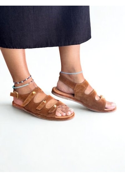 Ne&ve Shoes Taba Süet Hakiki Deri Gold Aksesuarlı Kadın Günlük Sandalet