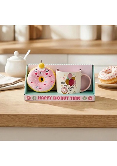Donut Peluş Anahtarlıklı Kupa 360 Ml Pembe1