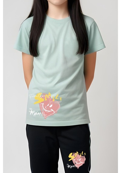 Panios Kids Smile Baskılı Kız Çocuk Tişört Ve Eşofman Alt-üst Takım Mint Yeşili