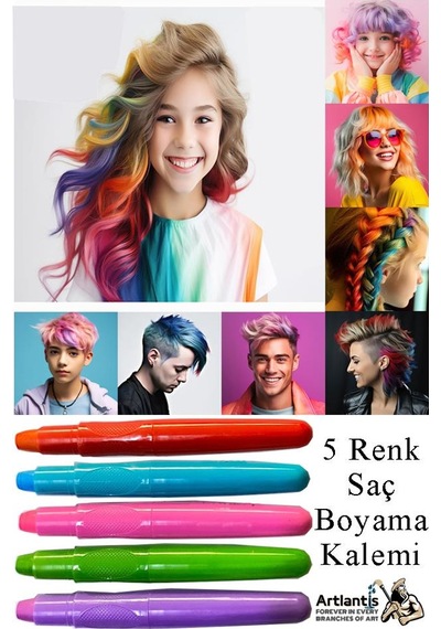 Saç Boyama Kalemi 5 Renk 1 Paket Bubu Saç Boyama Tebeşiri 5 Li Yıkanabilir Mini Tarak Hediyeli Hair Chalk Pen