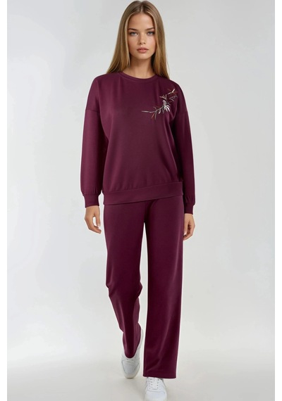 Fiolin Nakışlı Bisiklet Yaka Sweatshirt Ve Düz Paça Pantolon İkili Takım Bordo