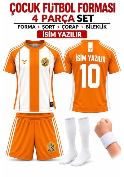 Yenteks İsim Yazılır Çocuk Futbol Forması Turuncu Beyaz Özel Tasarım 4 Parça Forma+şort+çorap+bileklik Turuncu - Beyaz
