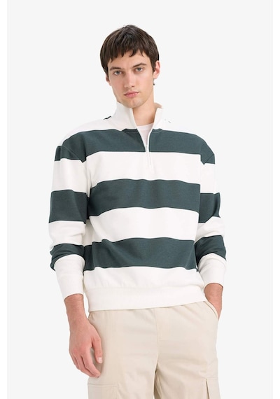 Defacto Boxy Fit Dik Yaka Yarım Fermuarlı Çizgili Sweatshirt C7045ax25augn498 Yeşil