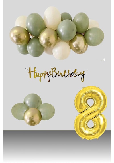 8 Yaş Retro Krom Gold Küf Yeşili Kum Beji Balon Happy Birthday Banner Gold Rakam Doğum Günü Süsleme Çok Renkli
