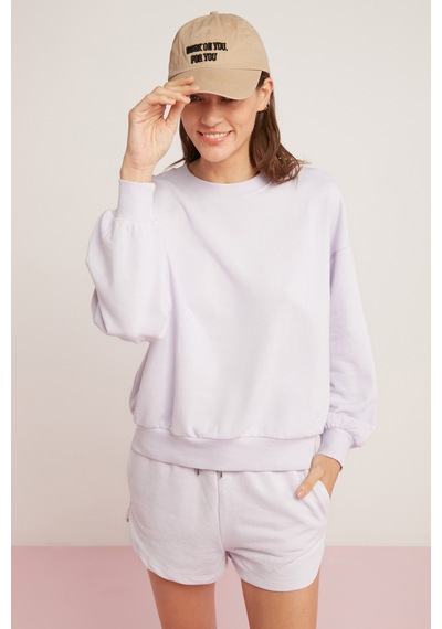 Ethıquet Sahra Kadın Pamuklu Içi Polarlı Yumuşacık Oversize Yuvarlak Yaka Basıc Lila Sweatshirt