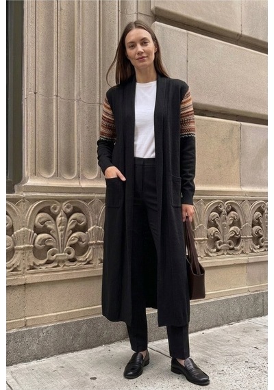 Onno Style Women Kilim Desen Uzun Triko Kadın Hırka Siyah